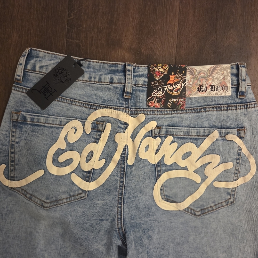 NWT Y2K Ed Hardy Crawling Tiger Stretch Wide Leg Jeans - Light Wash - Picture 8 of 9
